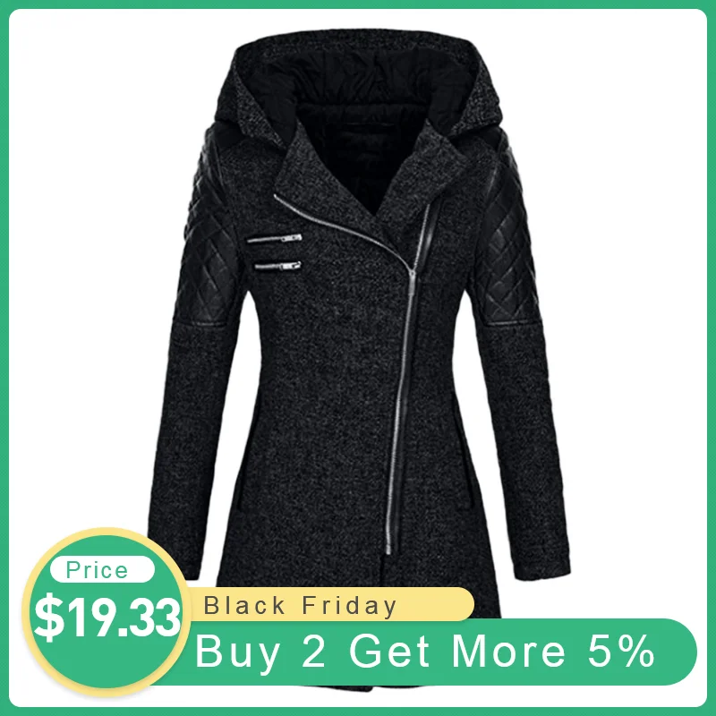 Шерстяное пальто размера плюс, женское зимнее теплое плотное тонкое длинное пальто, куртка на молнии в стиле пэчворк, женское длинное пальто с капюшоном, пальто