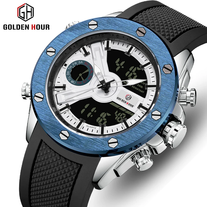 

Fashion Men Sport Watches GOLDENHOUR Brand Luxury Dual Display Male Clock Rubber Military Wrist Watch Relogio Masculino GH123