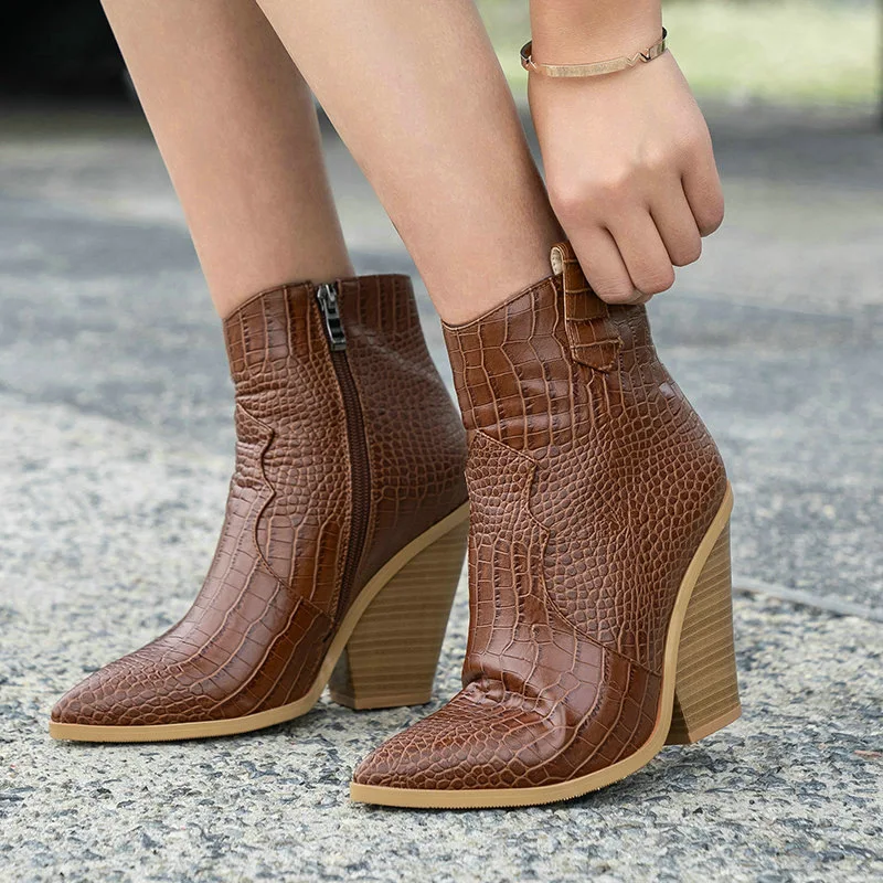 

Zip Embossed Quality Leather Ankle Boots for Women Pointed Toe Western Cowboy Boots Wedges Riding Runway Boots Womens Shoes P244