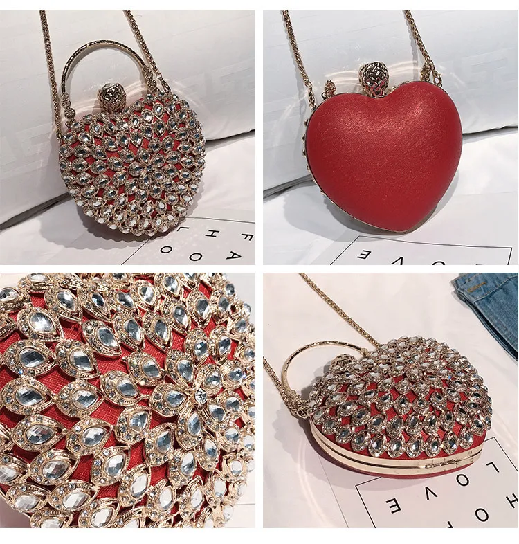Luxury Bling Crystal Diamond Heart Women Party Handbag Wedding Evening Bag Day Clutch Chain Purse Ladies Pouch Shoulder Bag