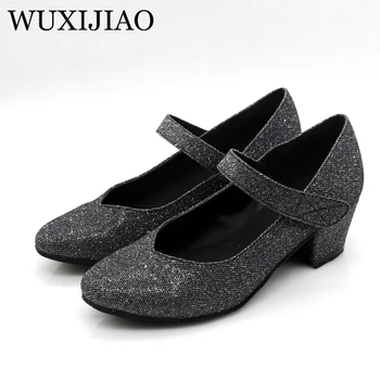 

WUXIJIAO women's Latin dance shoes color satin sequins rhinestones Cuban high heels 9cm