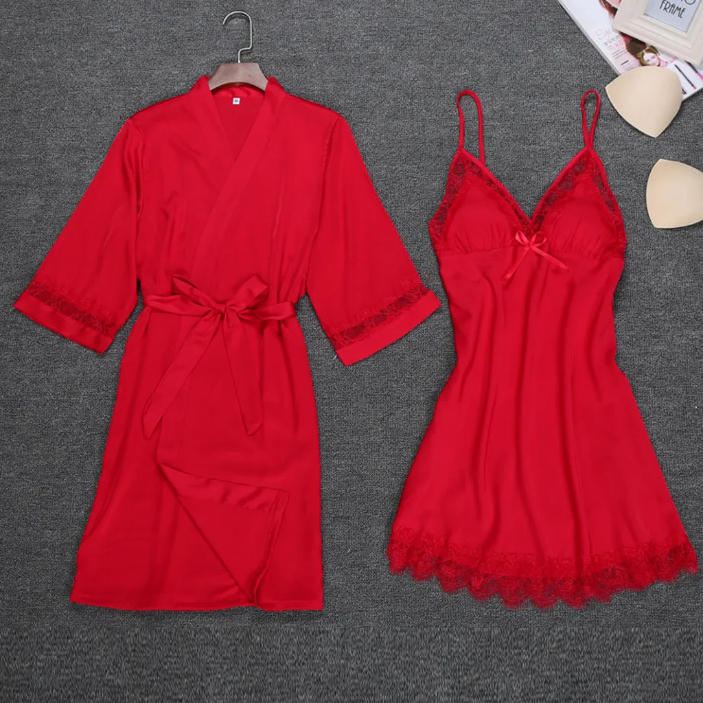 Женская Сексуальная атласная Модная кружевная Лоскутная пижама с длинным рукавом