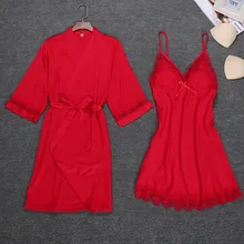 Сексуальный женский халат и платье, комплекты, кружевной Халат+ Ночное платье, 2 предмета, пижамы, Женский пижамный комплект, искусственный шелк, женское белье@ 50