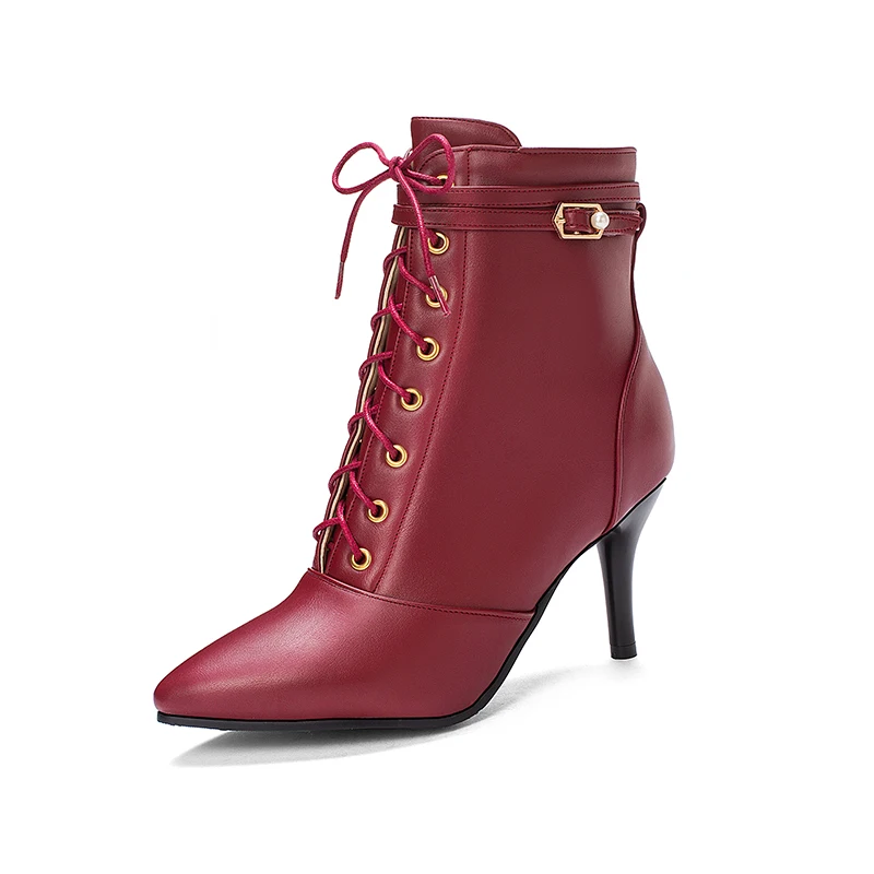 Оригинальное предназначение; Элегантные ботильоны; пикантные ботинки с острым носком; обувь на тонком высоком каблуке с перекрестной шнуровкой и пряжкой; женская обувь; Цвет Черный; большие Size3-16 - Цвет: EF7842 Red