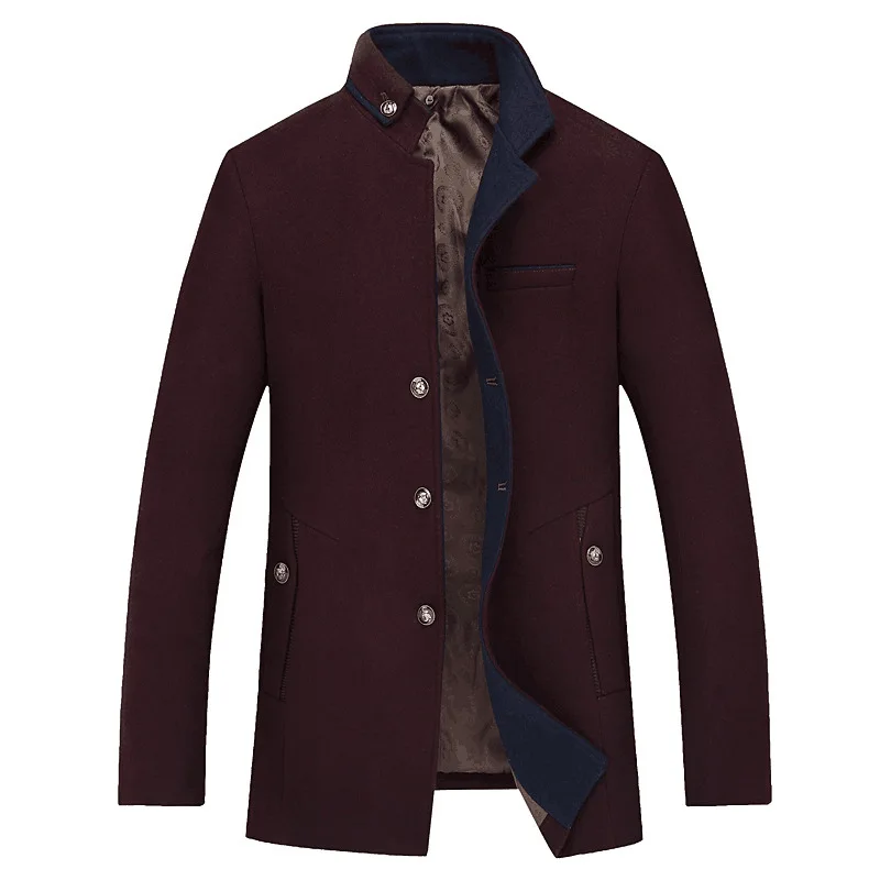 SRTM Мужская осенняя и зимняя повседневная куртка, шерстяная куртка для мужчин среднего возраста, деловое шерстяное пальто с воротником - Цвет: Red wine