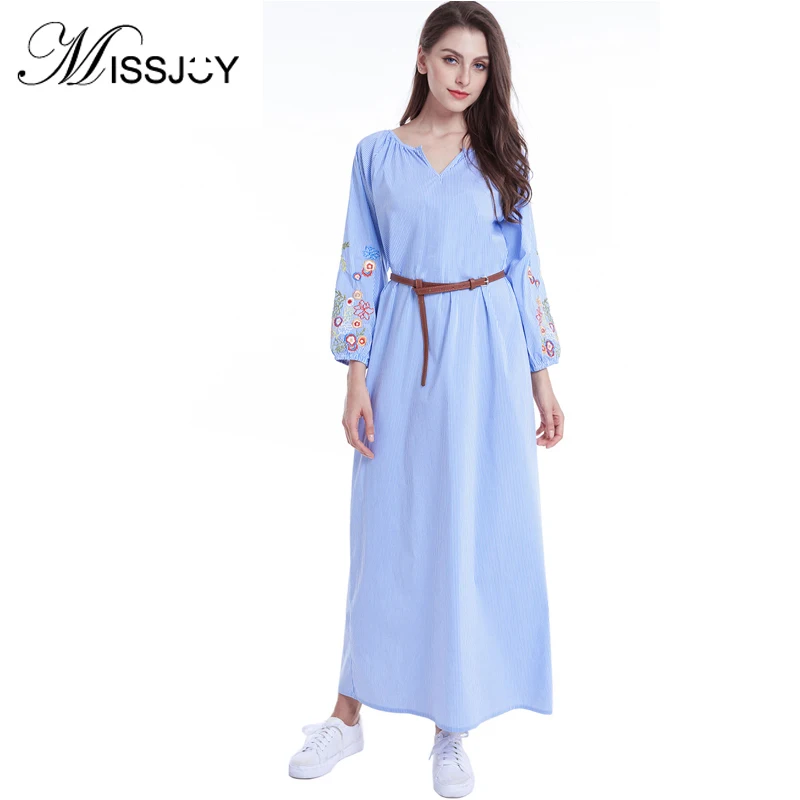 

Fall Clothes Women Long Sleeve V Neck Stripe Flower Embroidery Casual Loose middle east Muslim Fashion Turkey Long dress