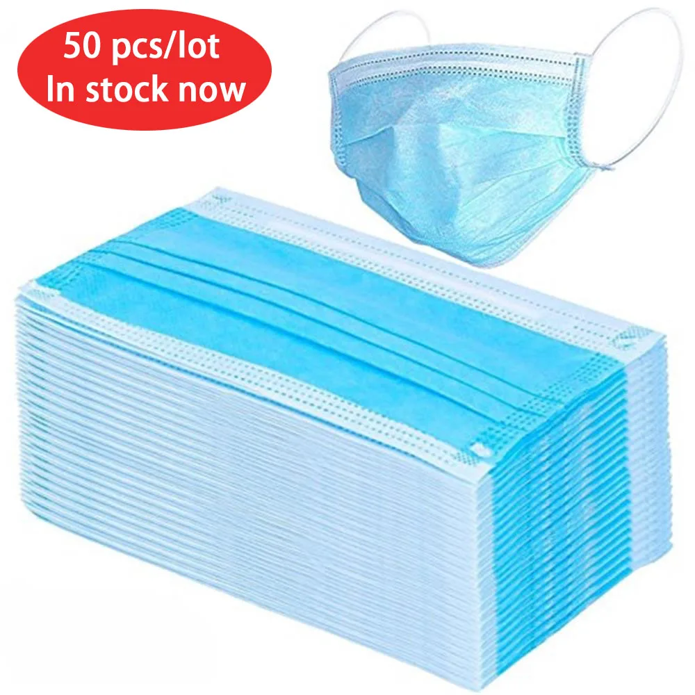 

Face Mouth Mask 50PCS Disposable Non-Woven Mouthmask Three-layer Filter For Unisex Anti-dust Mouth Facemask Wholesale N02006