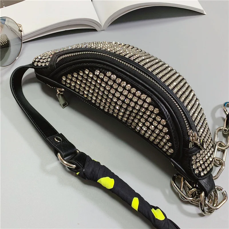 Waist Pack Female Purse Genuine Leather Waist Bag Pouch Bags for Women Fashion Diamond Small Messenger Bag Net Red Chest Bag