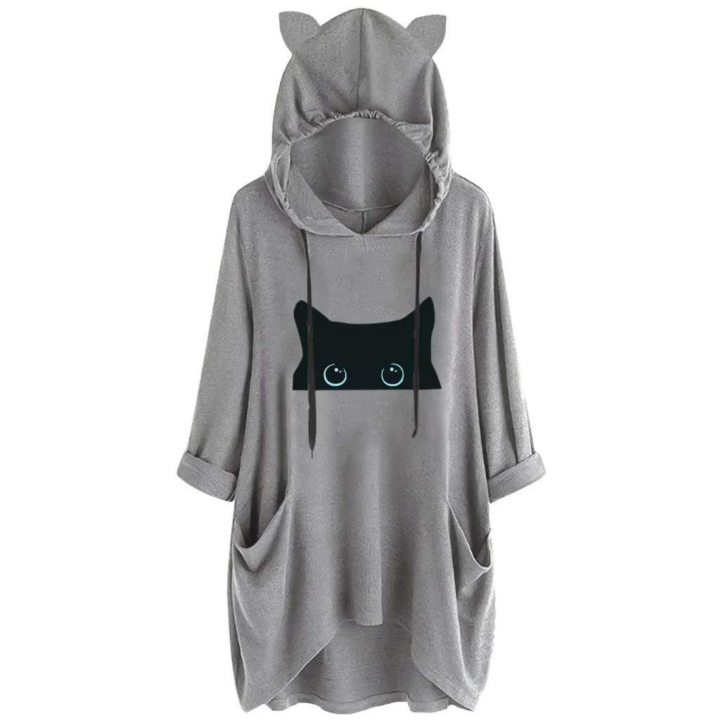 

Women Casual Hoodies Print Cat Ear Hooded Long Sleeves Roll Up Sleeve Pocket Irregular Top Blouse Shirts Femme Oversize #L10
