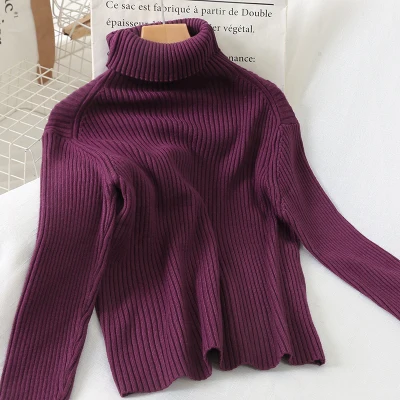 Зимний женский вязаный свитер с высоким воротом, повседневный мягкий джемпер с воротником поло, модный тонкий женский эластичный пуловер - Цвет: Фиолетовый