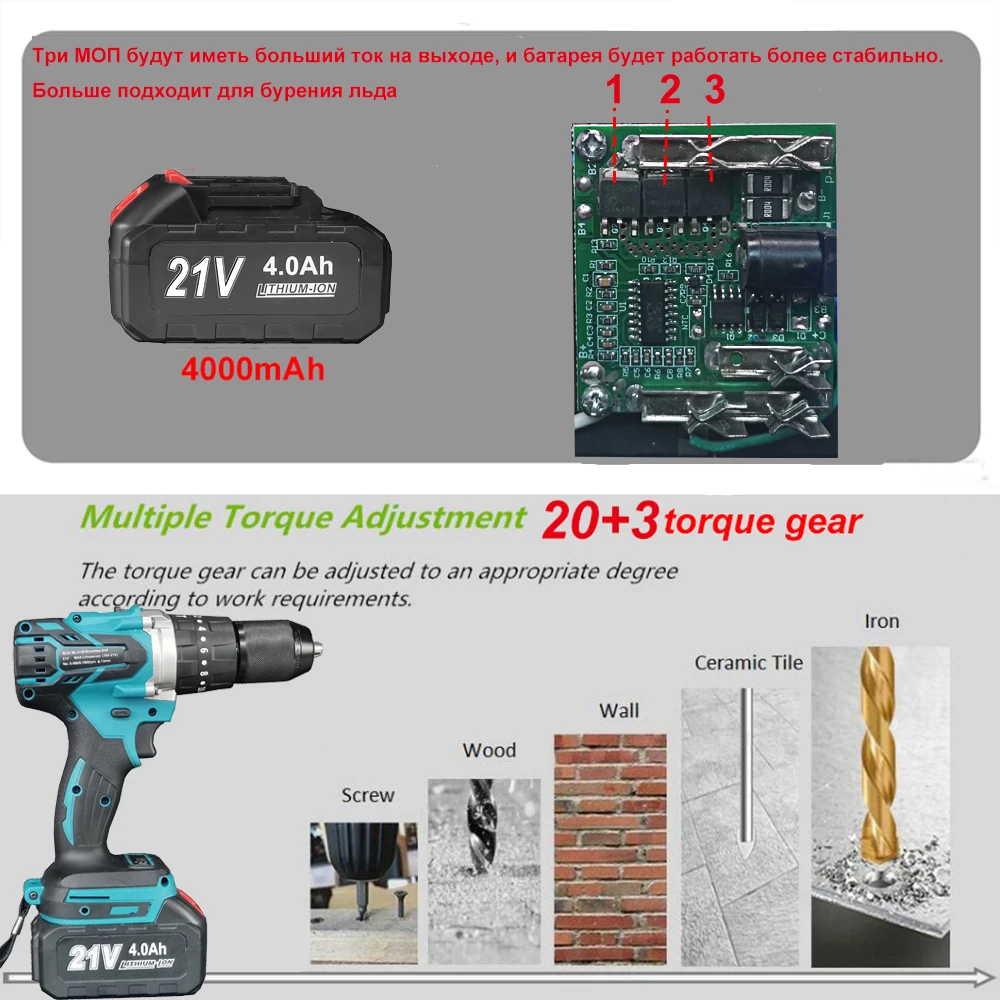 21V 13MM Brushless Electric Drill 115N/M 4000mah Battery Cordless Screwdriver With Impact Function Can Drill Ice Power Tools