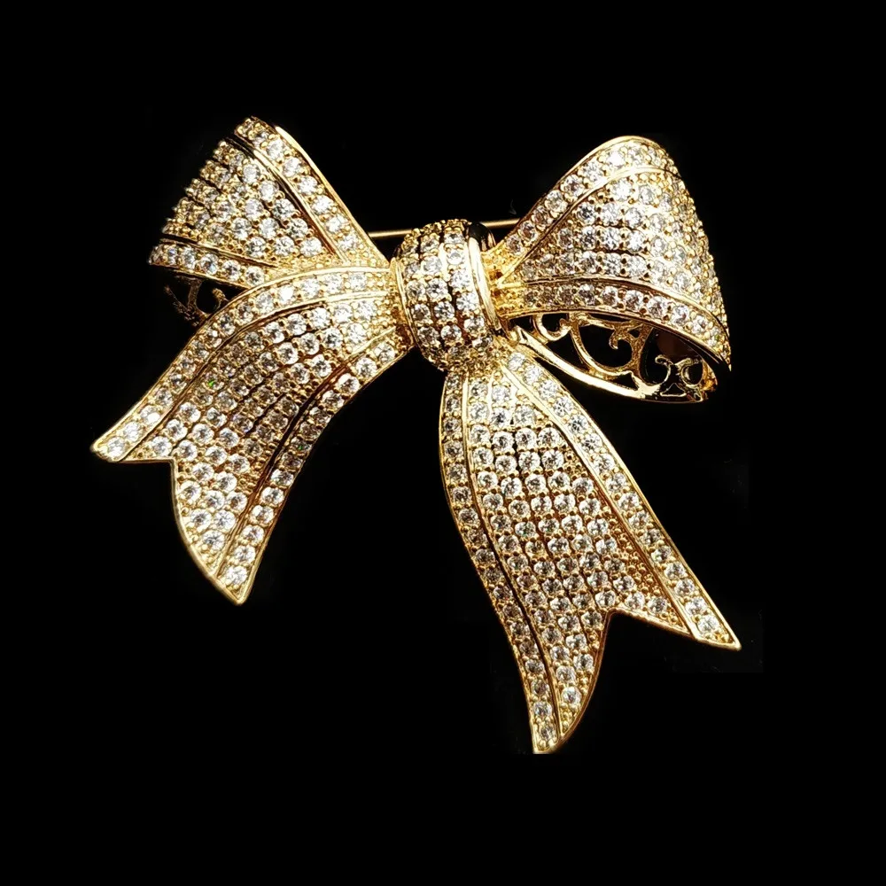 Викторианский Винтажный стиль Micro Pave Clear CZ золотые броши «бант» Tinny камень инкрустированный Античная лента изогнутая булавка брошь маленький цветок из прозрачного хрусталя