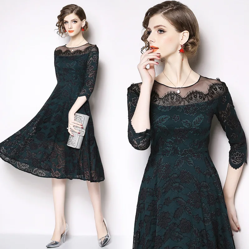 

Photo Shoot Ozhouzhan 20 Autumn And Winter New Style High-End Lace Splicing Dress Slim Fit Slimming WOMEN'S Dress