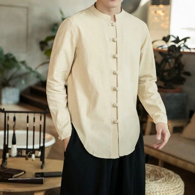 Традиционная китайская одежда для мужчин кунг-фу одежда Чонсам Шанхай Тан костюм кунг-фу Мужские Винтажные рубашки в восточном стиле 5XL - Цвет: beige