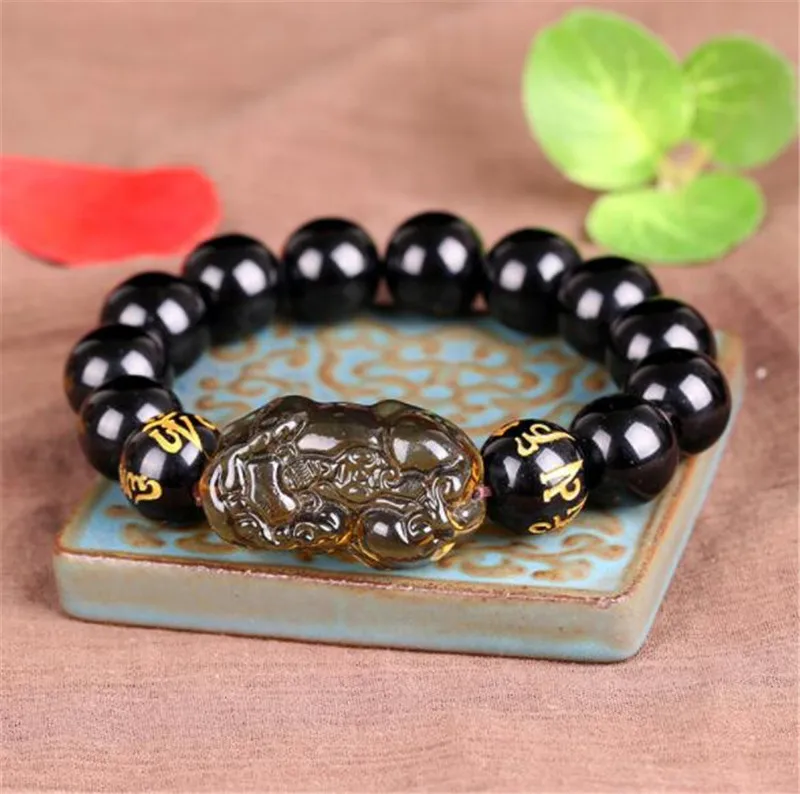Finanzas mo xiu Cadena de mano atraer riqueza y ward mal especie de hielo de obsidiana de doble cabeza PI xiu pulsera de la joye
