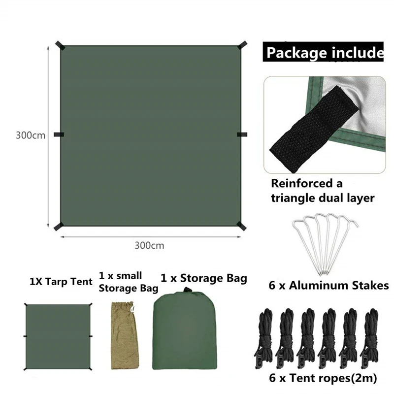 3mx3m Awning Waterproof Tarp Tent Outdoor Camping Sun Shelter Canopy Sunshade Sun Shade Beach Garden Travel Picnic Tourist Tarp