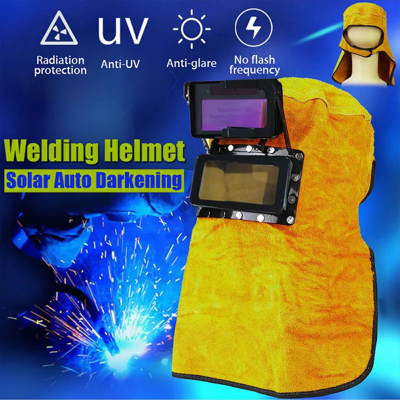 Welder Mask Solar Auto Darkening Sparkproof Shade Adjustment Head-Mounted Anti-UV Yellow Protect Grinding Leather Hood