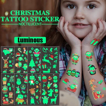 

10pcs Festive Christmas Glow In The Dark Tattoo Luminous Stickers Cartoon Snowman Santa Claus Deer Temporary Tattoos Kids