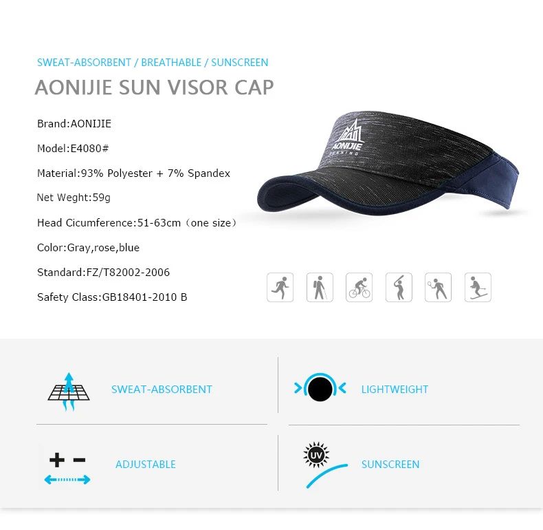 AONIJIE, быстросохнущая летняя шляпа, солнцезащитный козырек, кепка для спорта, пляжа, гольфа, рыбалки, марафона с регулируемым ремешком, анти-УФ, легкая, E4080