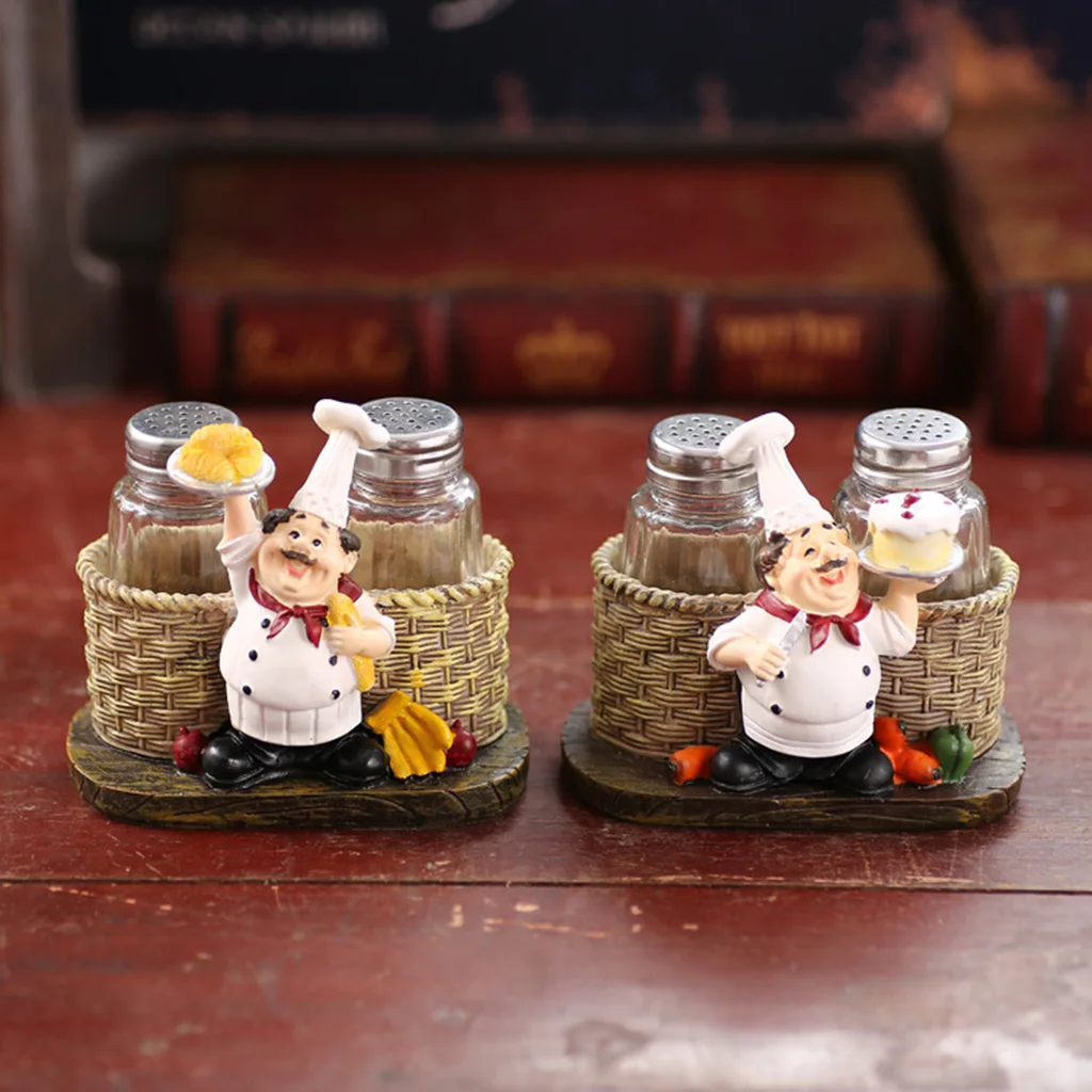 Cute Chef Statue Salt & Pepper Bottle Holder,Kitchen Cute Chef Ornaments,Home Decor Kitchen Resin Salt Shaker Crafts