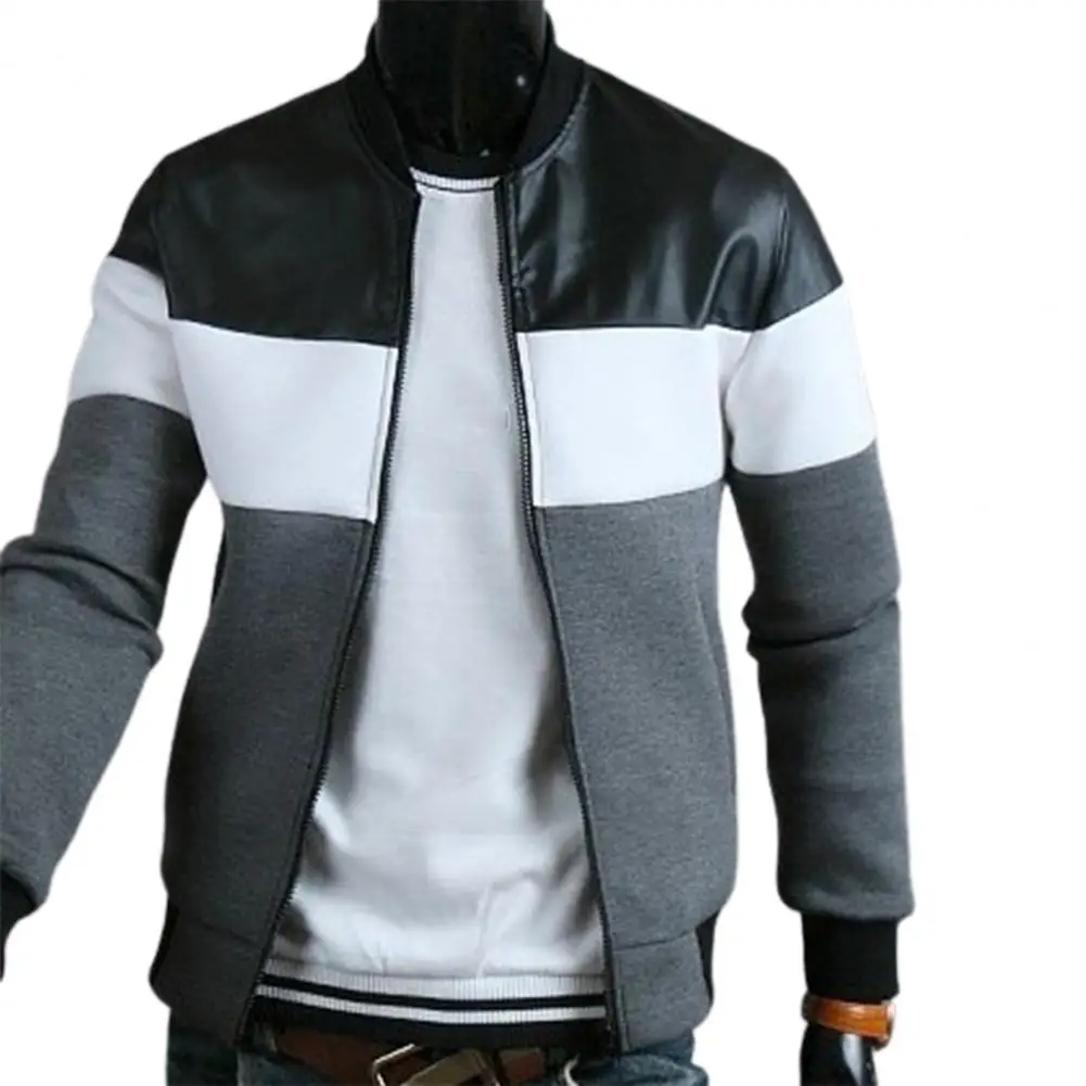 

New Trend Fashion Men's Jacket Comfortable Top Zipper Faux Leather Stand-up Collar Long Sleeve Jacket Coats