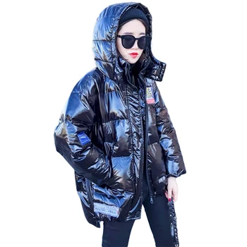 

2019 Women's Parkas Hooded Windproof Glossy Winter Down Jackets Loose Woman Cotton Coat Hooded Large size Padded