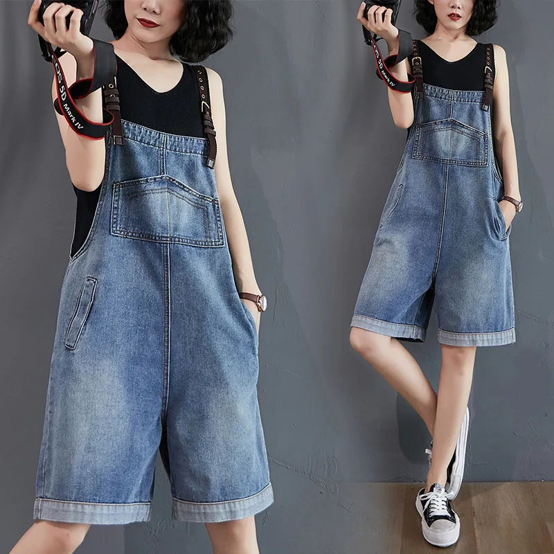 

Denim Strap Overall Shorts Women 2020 Summer New Korean Style Loose Slim Fit Pocket Thin Jeans Shorts Casual Streetwear