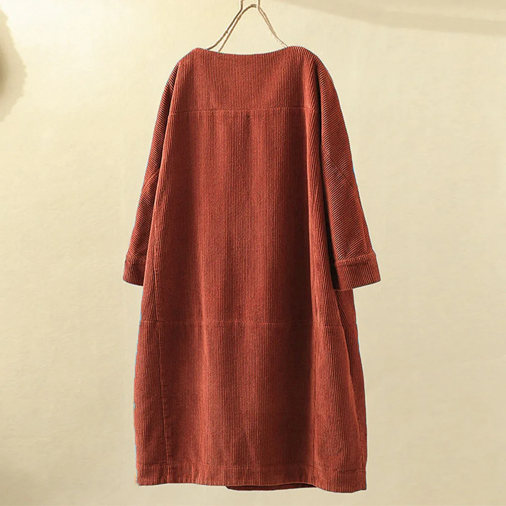 2019 Vintage Autumn Dress Women Long Sleeve Pocket Solid O Neck Loose Party Dress Women Casual Plus Size Dress Vestidos#J30