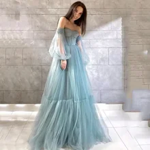 Elegante Staubigen Blau Abendkleid Kleid Off Schulter Puff Prom Kleider Falten V-ausschnitt Tüll Formale Party Kleid Vestidos De fiesta