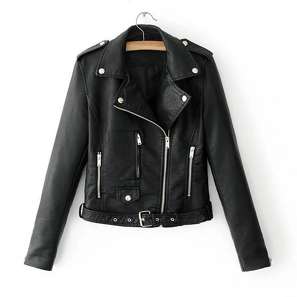 

Spring Autumn With Sashes Pu Faux Leather Jacket Women Zipper Slim Short Biker Jackets Coat Female Outwear Tops Lady Basic Coat