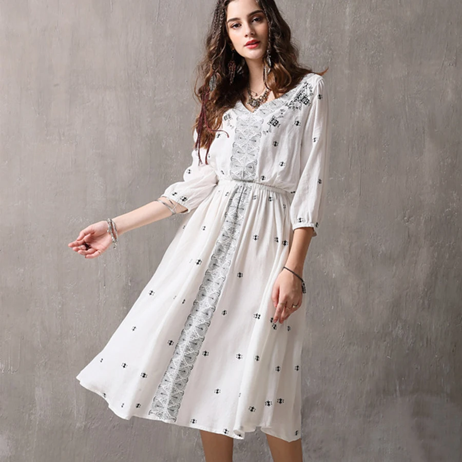 TEELYNN boho Длинные платья бежевое хлопковое этническое осеннее платье средней длины с v-образным вырезом и эластичной талией цыганские женские платья vestidos