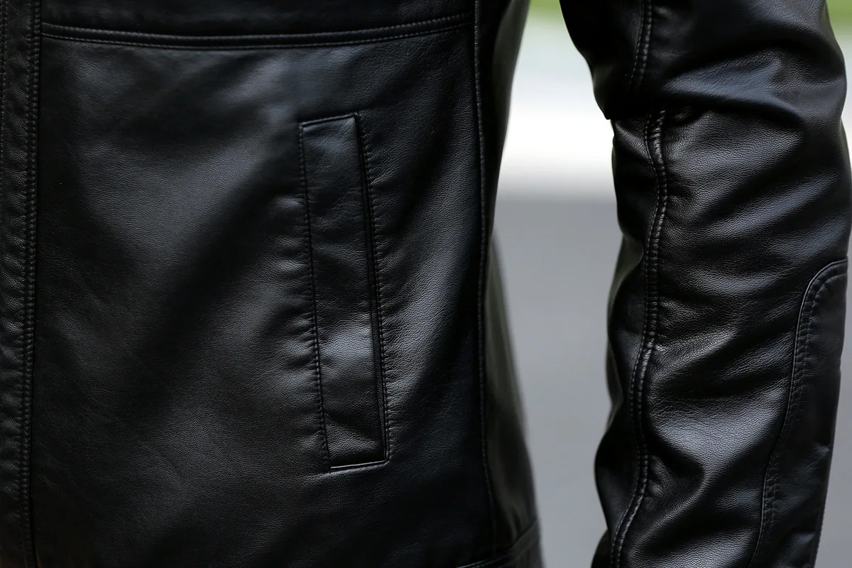 Черная кожаная куртка для мужчин дизайн стоячий воротник Мужская мотоциклетная мужская кожаная куртка модное английское пальто cuir натуральная Куртка jaqueta