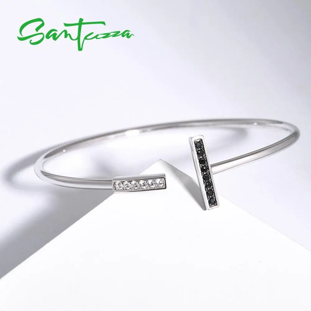 Браслет SANTUZZA, браслет для женщин, 925 пробы, серебряный, Пружинящий, пустотелый, черный и белый, браслет, шикарный, модный, ювелирное изделие