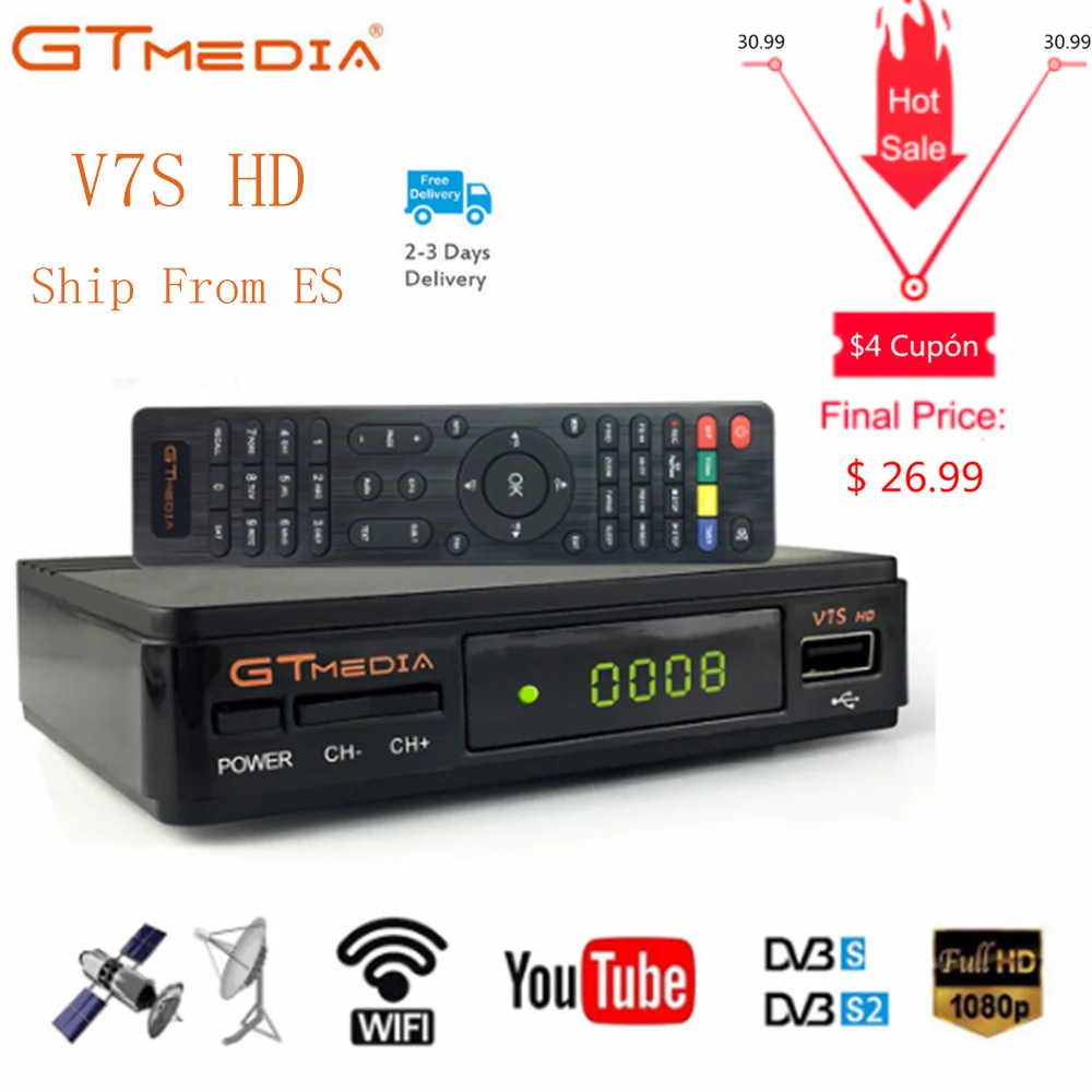 GT медиа спутниковйы ТВ приемник V7S hd рецептор Поддержка Youtube Bisskey Европа Испания DVB