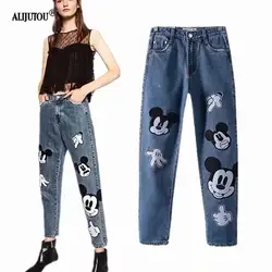 Женские джинсы с Микки для женщин, модные джинсовые штаны, узкие джинсы с принтом из мультфильма, женские оригинальные однотонные