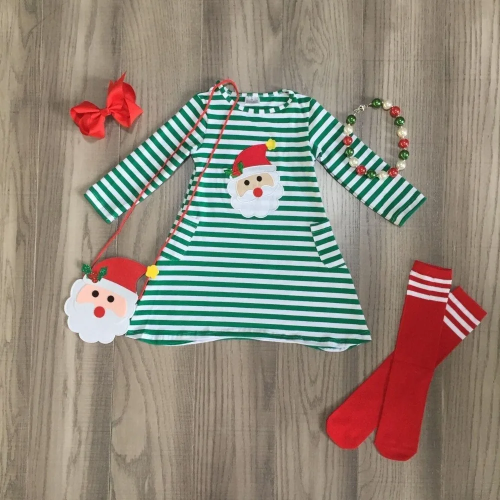 Рождественское платье для маленьких девочек; Одежда для девочек; зеленое платье в полоску с принтом Санта-Клауса; платье для девочек с чулком и сумочкой и аксессуарами