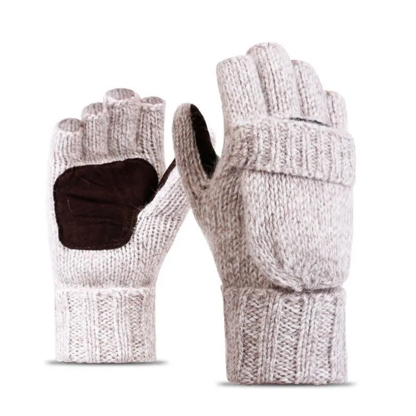 2021 Unisex Thick Male Fingerless Gloves Men Wool Winter Warm Exposed Finger Mittens Knitted Warm Flip Half Finger Gloves Warm 3