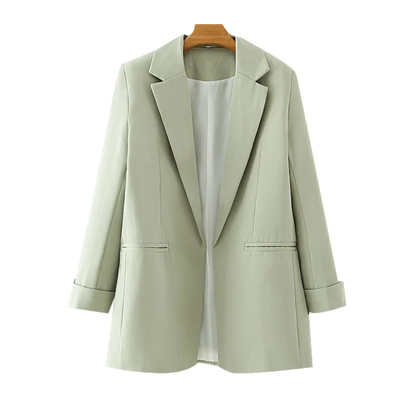 Women Fashion Office Wear Solid Basic Blazer Coat Casual No Button Curled Sleeve Vintage Long Sleeve Female Outerwear Chic Tops 2022 spring and autumn women fashion with lining fitted tweed blazer coat vintage long sleeve pockets female outerwear chic tops