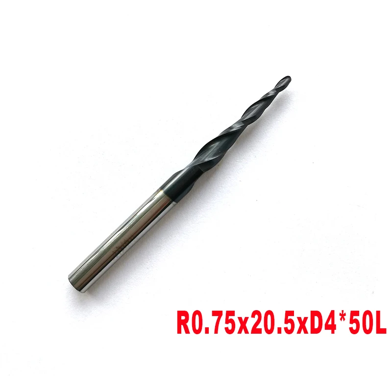 

5 шт./лот R0.75 * D4 * 20,5 * 50L * 2F HRC55 вольфрамовые твердосплавные конические сферические концевые фрезы, конические и конусные фрезы с ЧПУ