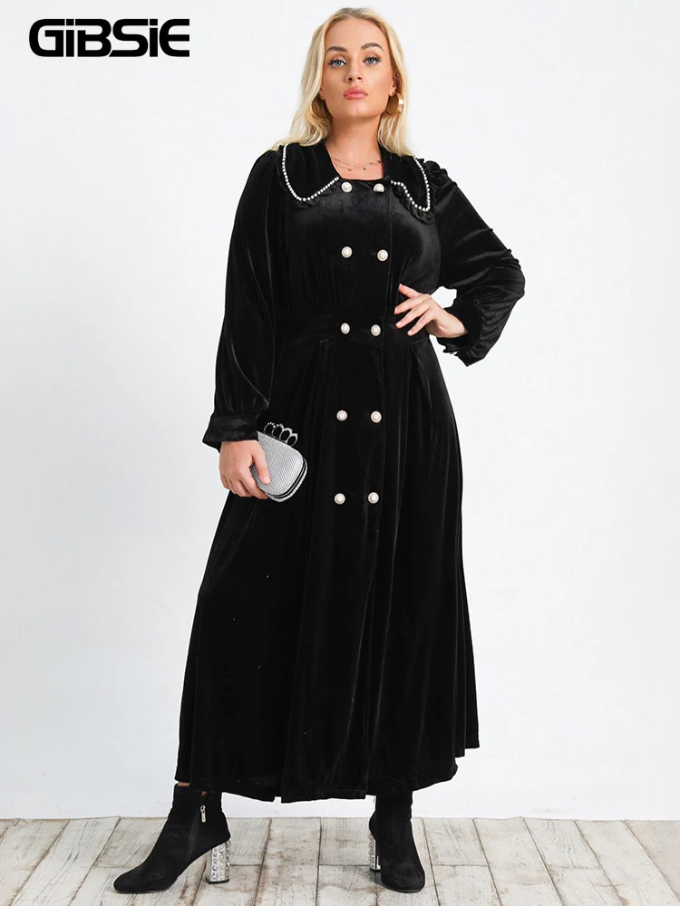 Gibsie Plus Size Double Breasted Black Velvet Dress Women Casual Long