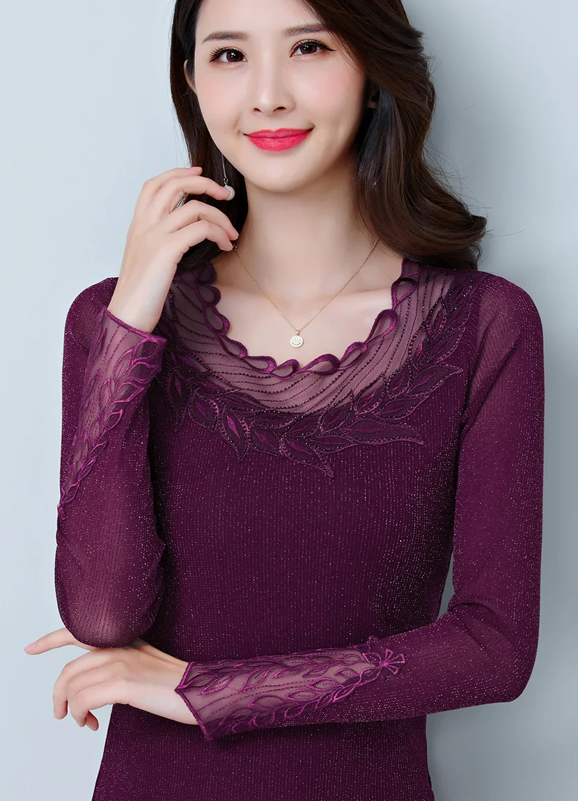 Blusas mujer de moda Осенняя Сетчатая футболка с длинными рукавами модная повседневная открытая Футболка женская рубашка большого размера Женская рубашка