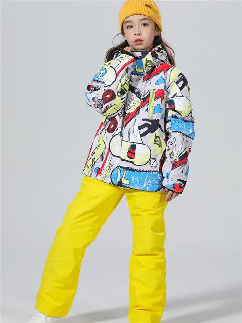 Лыжный костюм детский утепленный зимний костюм детский костюм для сноуборда детский лыжный костюм для девочек, лыжная куртка теплый зимний костюм для сноуборда - Цвет: yellow set