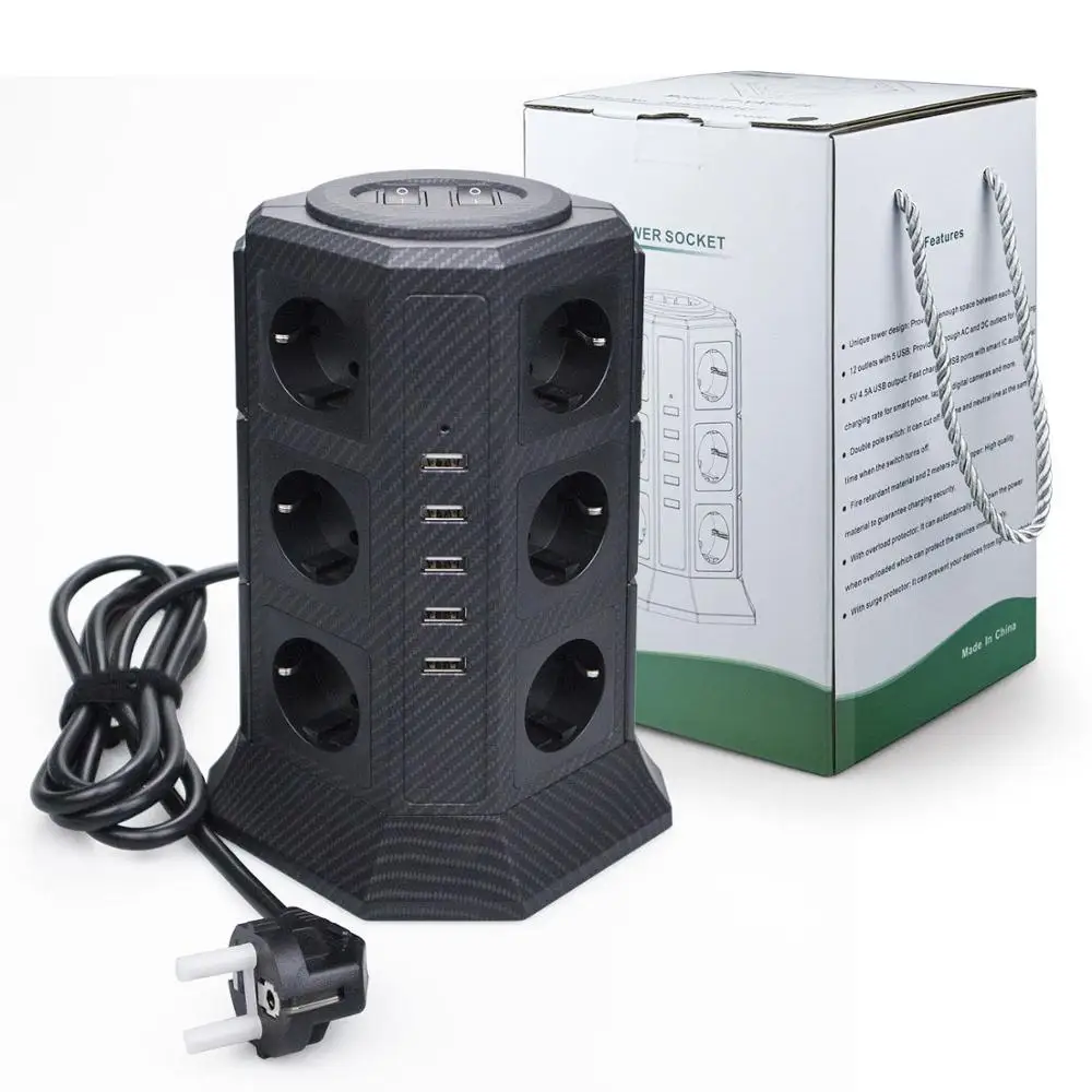 TESSAN 12-Way Socket Strip (2500W / 10A) 5 USB Ports, Multiple Sockets with Switch Overload Protection for Home Office, 2m cable