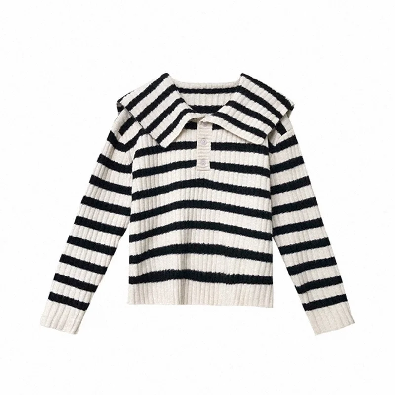 Spring and Autumn Lazy Wind Black White Striped Sweater Women's Thin | Женская одежда