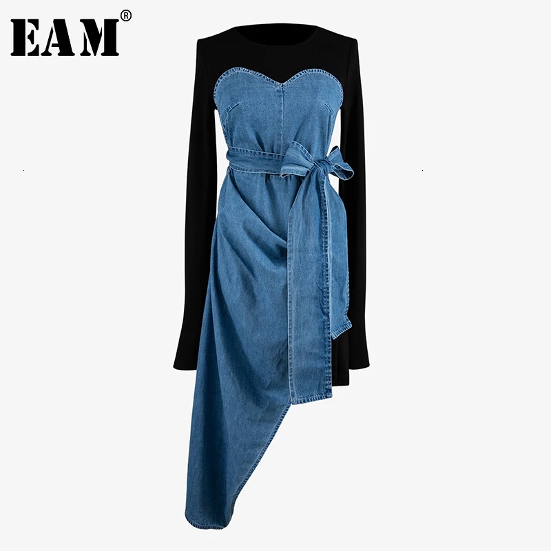 

[EAM] Women Blue Asymmetrical Denim Bandage Bow Dress New Round Neck Long Sleeve Loose Fit Fashion Tide Spring Autumn 2020 1K073