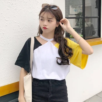 

Summer T-Shirt Women Fashion Patchwork Tops Tshirt Casual Loose Contrast Color Asymmetrical Collar Tee Tops