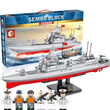 

Sembo Blocks 055 Destroyer Building Blocks 864 Pcs WW2 Military Ship Helicopter Brick DIY Model Toys For Children Action Figure