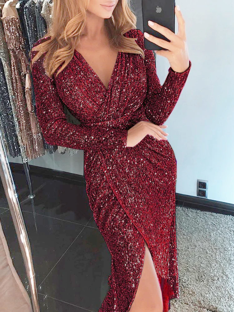 New Fashion Sexy Women Long Sleeve V Neck Glitter Sequin Evening Club Ball Gown Split Wrap Dress Bodycon Party Maxi Slim Dress - Цвет: Бургундия