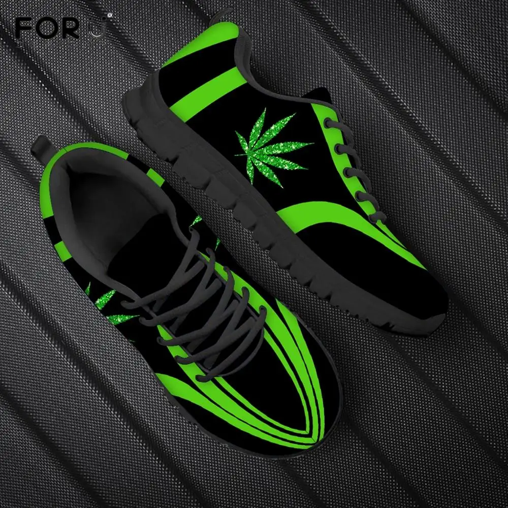 FORUDESIGNS-zapatos planos 3D de hierba verde estampado de hojas para hombre, zapatillas informales de malla con cordones, calzado transpirable a la moda, otoño/primavera
