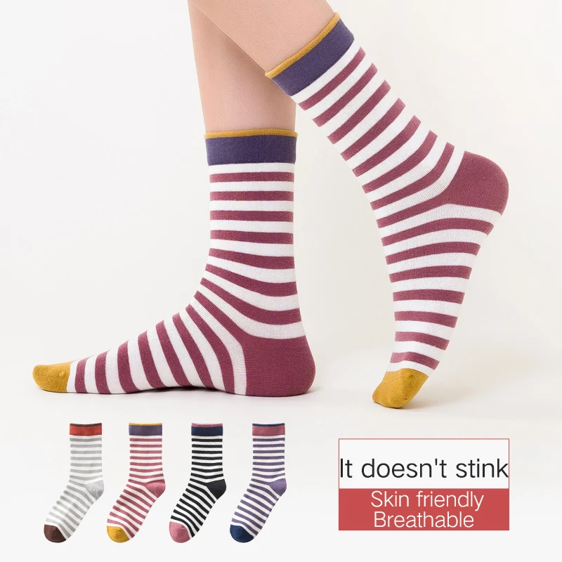

lovely Medium sock women's socks Thin cotton stripe knee high socks Breathable Long Socks Anti-Odor motion socks women 5 Pairs